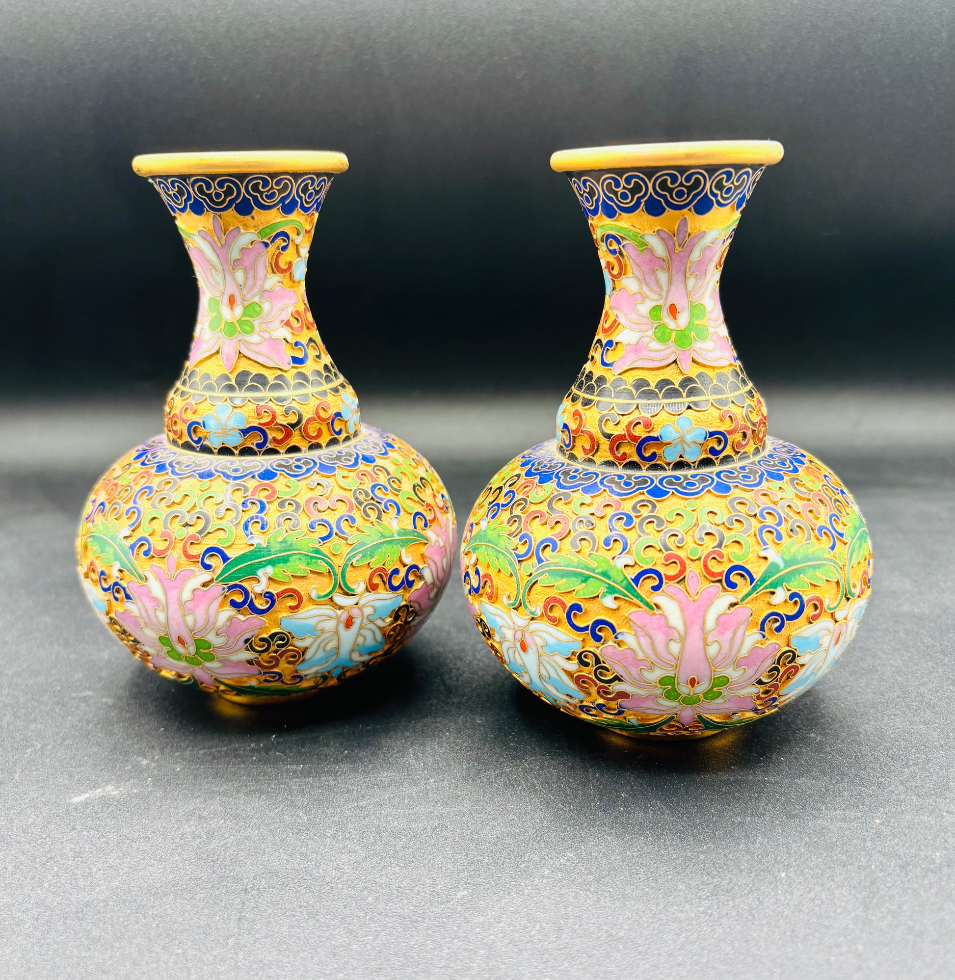 Chinese Gold, Pink, Blue Enamel Floral Cloisonné Vases — Pair 