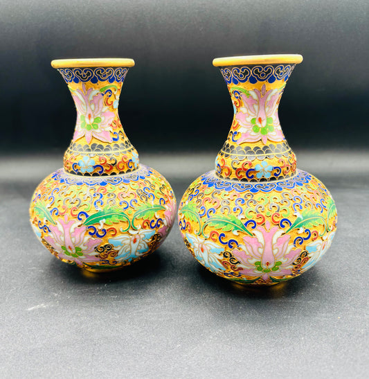 Chinese Gold, Pink, Blue Enamel Floral Cloisonné Vases — Pair 