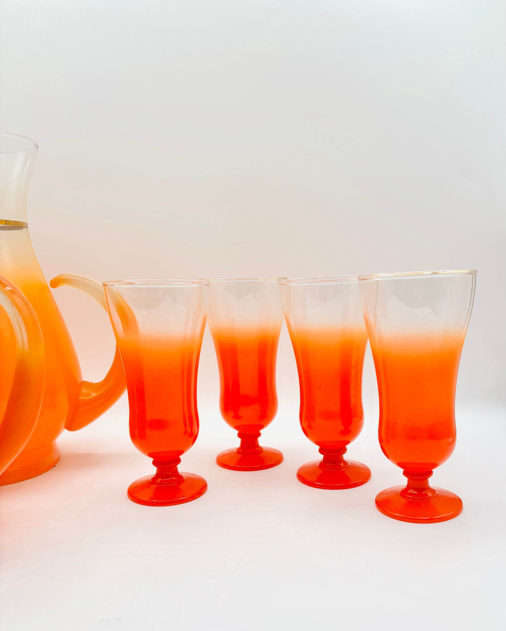 6 Piece Vintage Blendo Ombré Frosted Orange Drinking Glass Set (circa 1960s) 