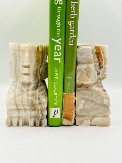 Vintage Aztec Inspired Carved Onyx Marble Bookends 
