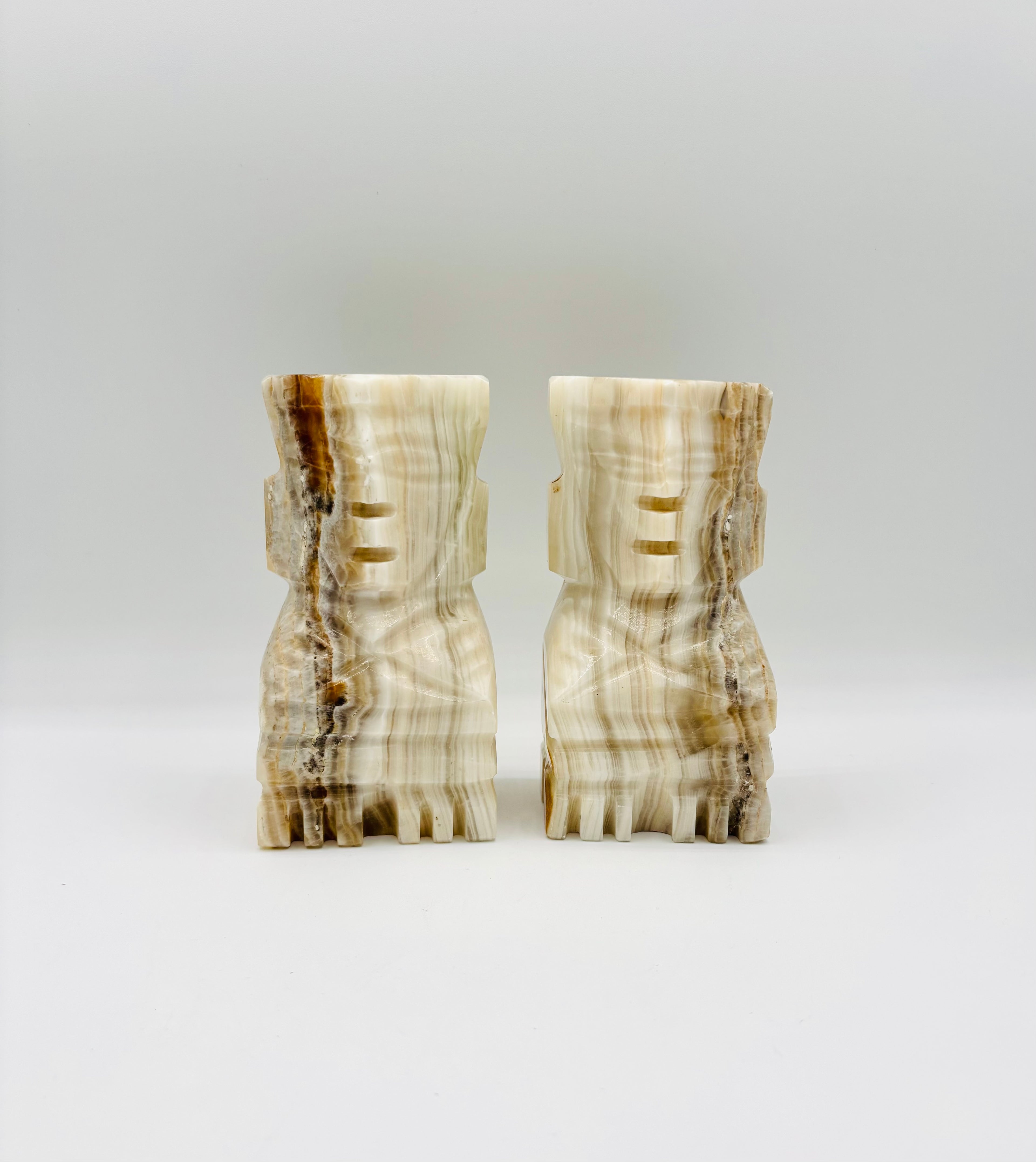 Vintage Aztec Inspired Carved Onyx Marble Bookends 