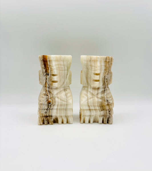 Vintage Aztec Inspired Carved Onyx Marble Bookends 