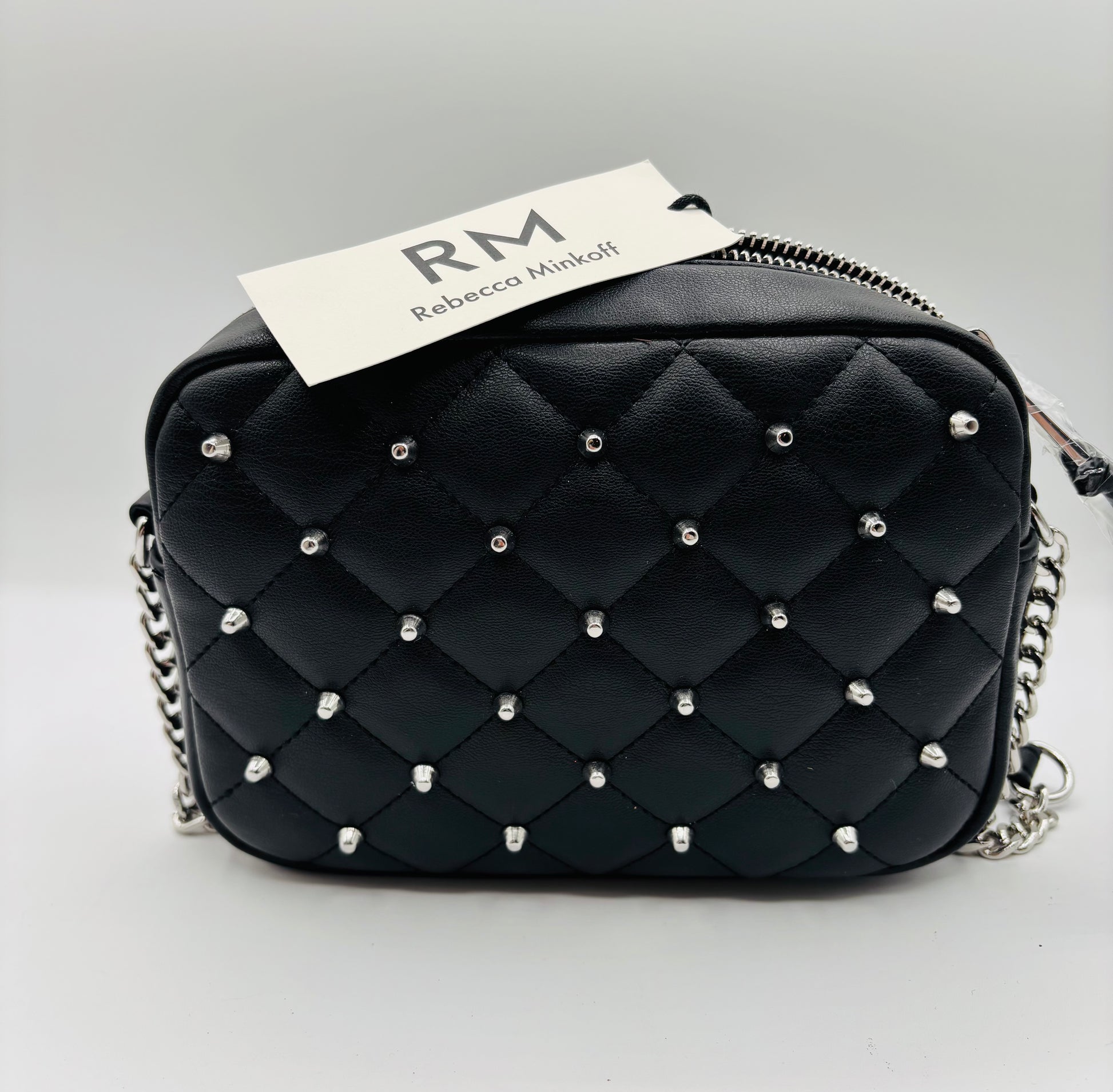 Rebecca Minkoff Women's Black Leather Diamond Quilted Studded Crossbody Bag 