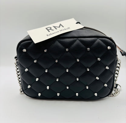 Rebecca Minkoff Women's Black Leather Diamond Quilted Studded Crossbody Bag 