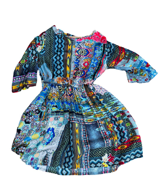 JOHNNY WAS Regia Silk Patchwork Boho Print Split V-Neck Midi Dress 