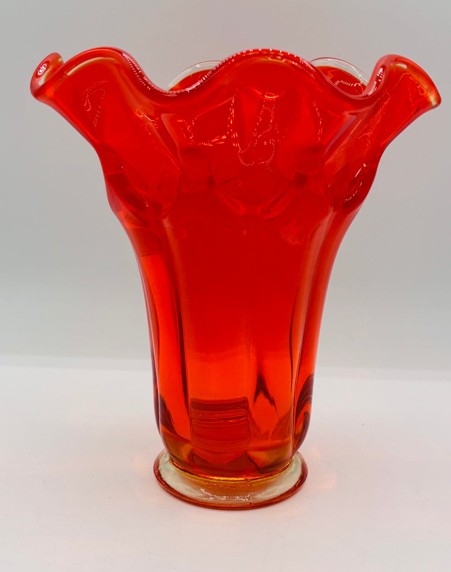 Vintage 1966 Mid Century Modern Viking Swung Art Glass Persimmon Orange Ruffled Rim Vase