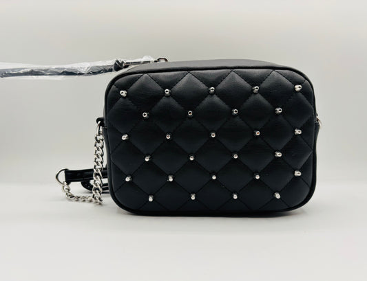 Rebecca Minkoff Women's Black Leather Diamond Quilted Studded Crossbody Bag 