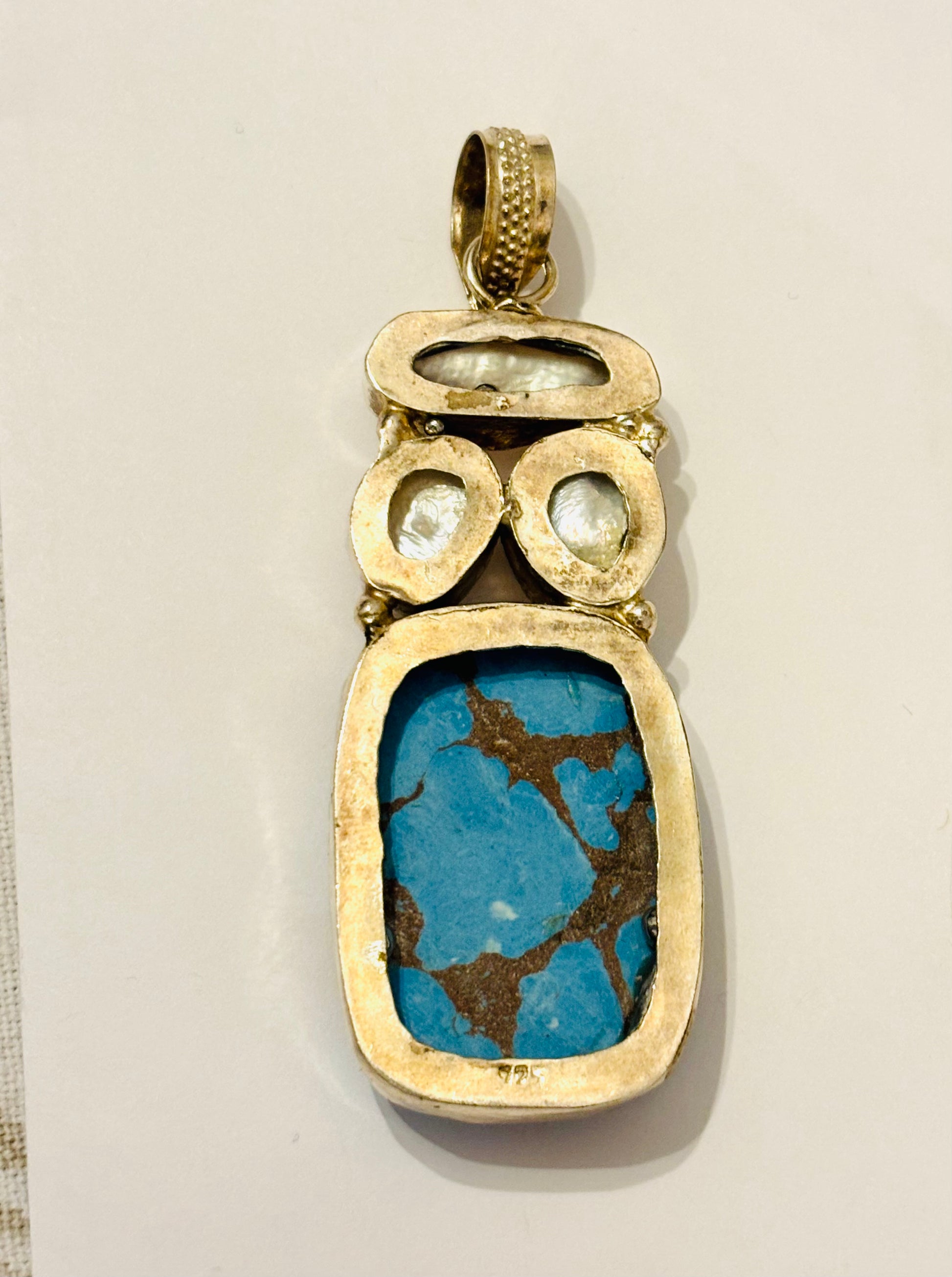 Handcrafted Turquoise & Pearl Accents Sterling Silver Pendant 