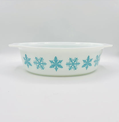 Vintage Pyrex Blue Snowflake White Casserole Dish 