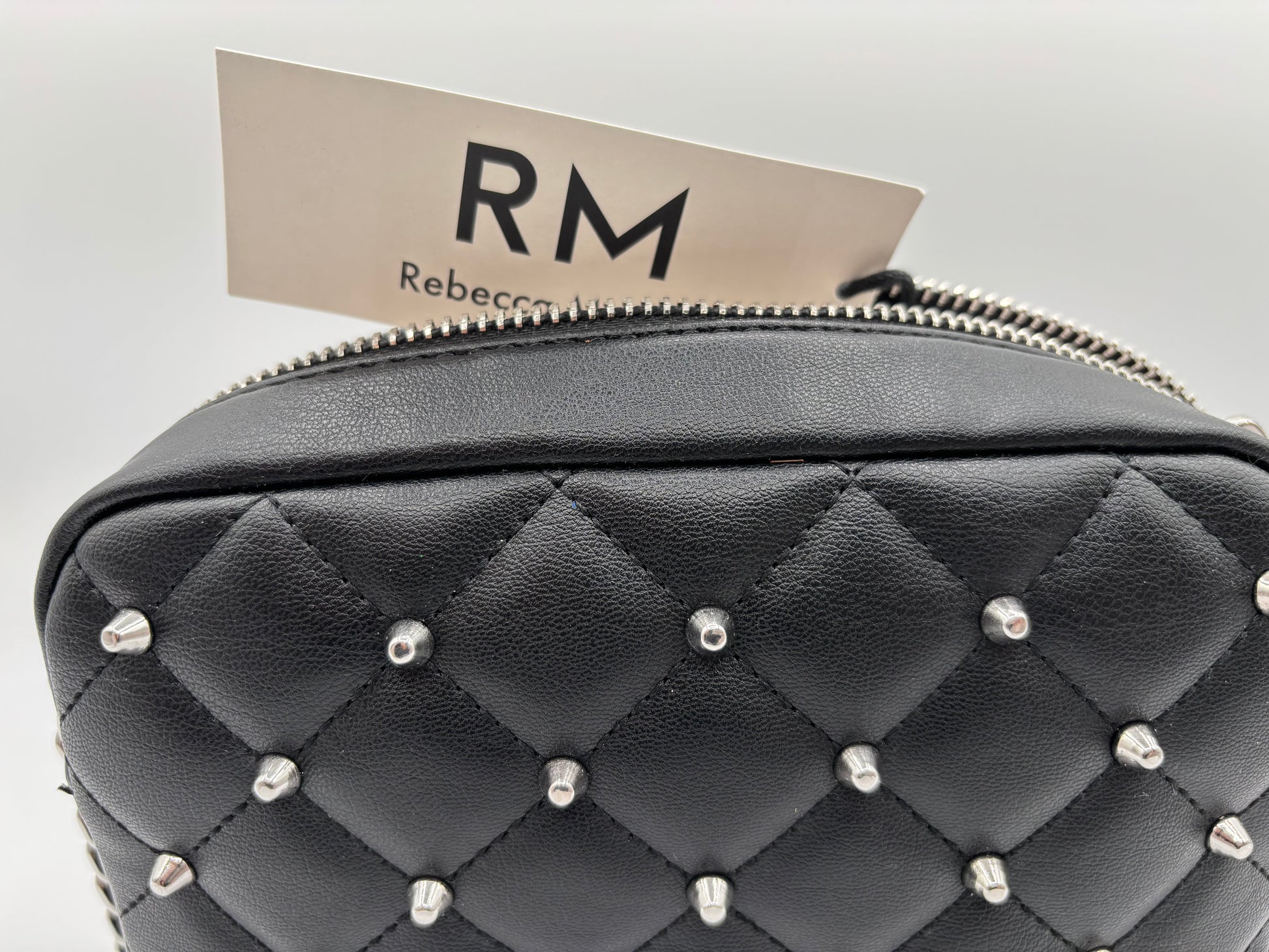 Rebecca Minkoff Women's Black Leather Diamond Quilted Studded Crossbody Bag 