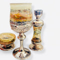 King David 925 Sterling Silver and Marbled Glass Cup, Candleholder, and Wine Glass Tableware 