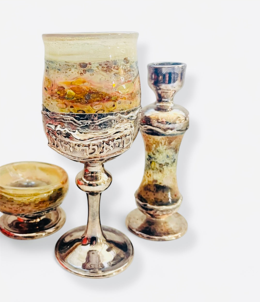 King David 925 Sterling Silver and Marbled Glass Cup, Candleholder, and Wine Glass Tableware 