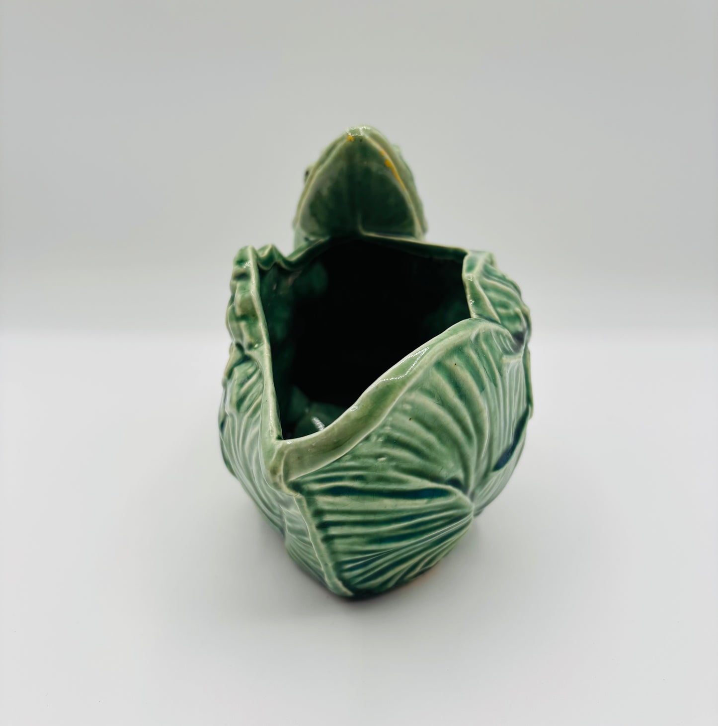 Rare Vintage McCoy Smiling Frog Lotus Green Pottery Planter (circa 1950s) 