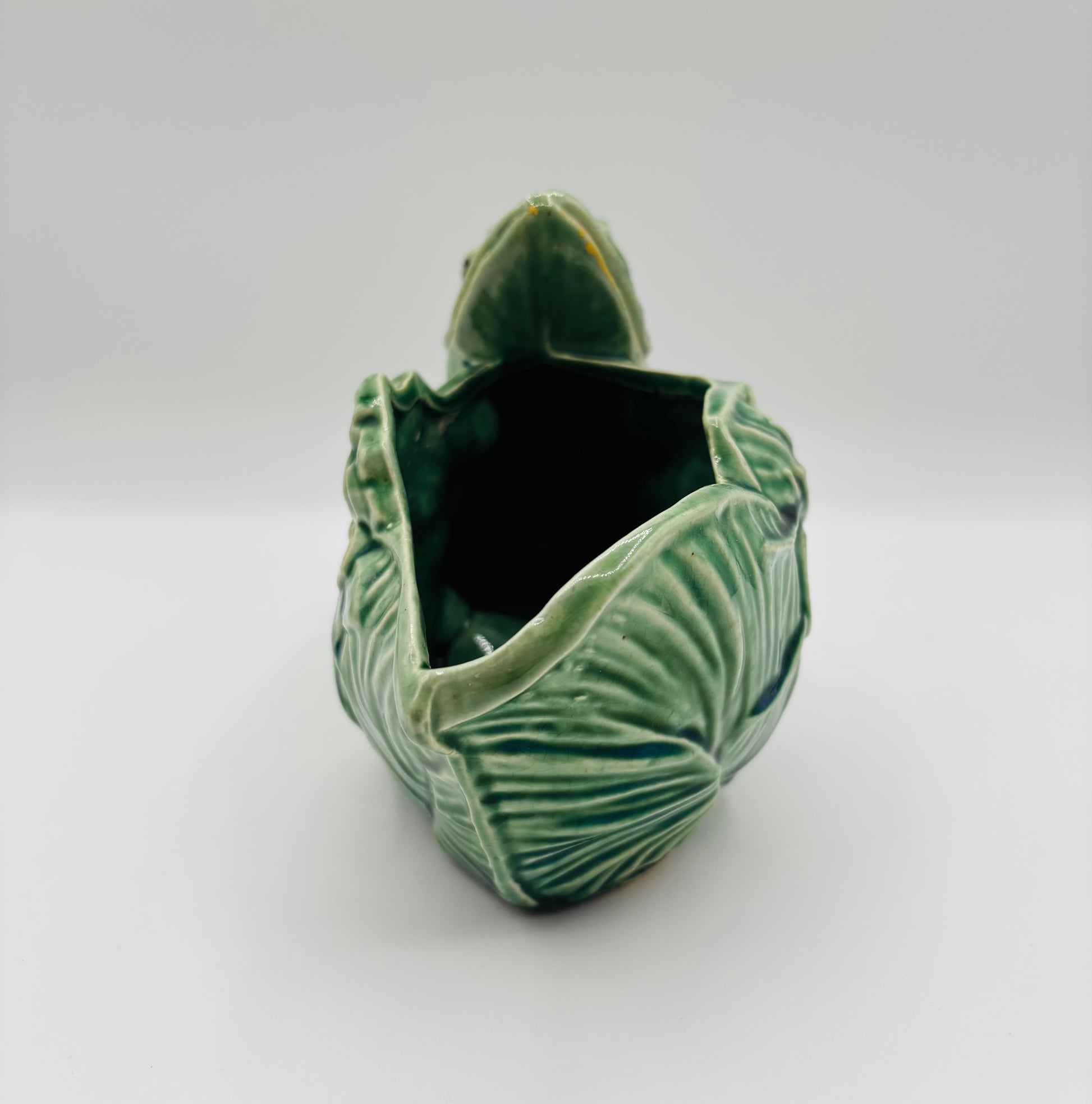 Rare Vintage McCoy Smiling Frog Lotus Green Pottery Planter (circa 1950s) 