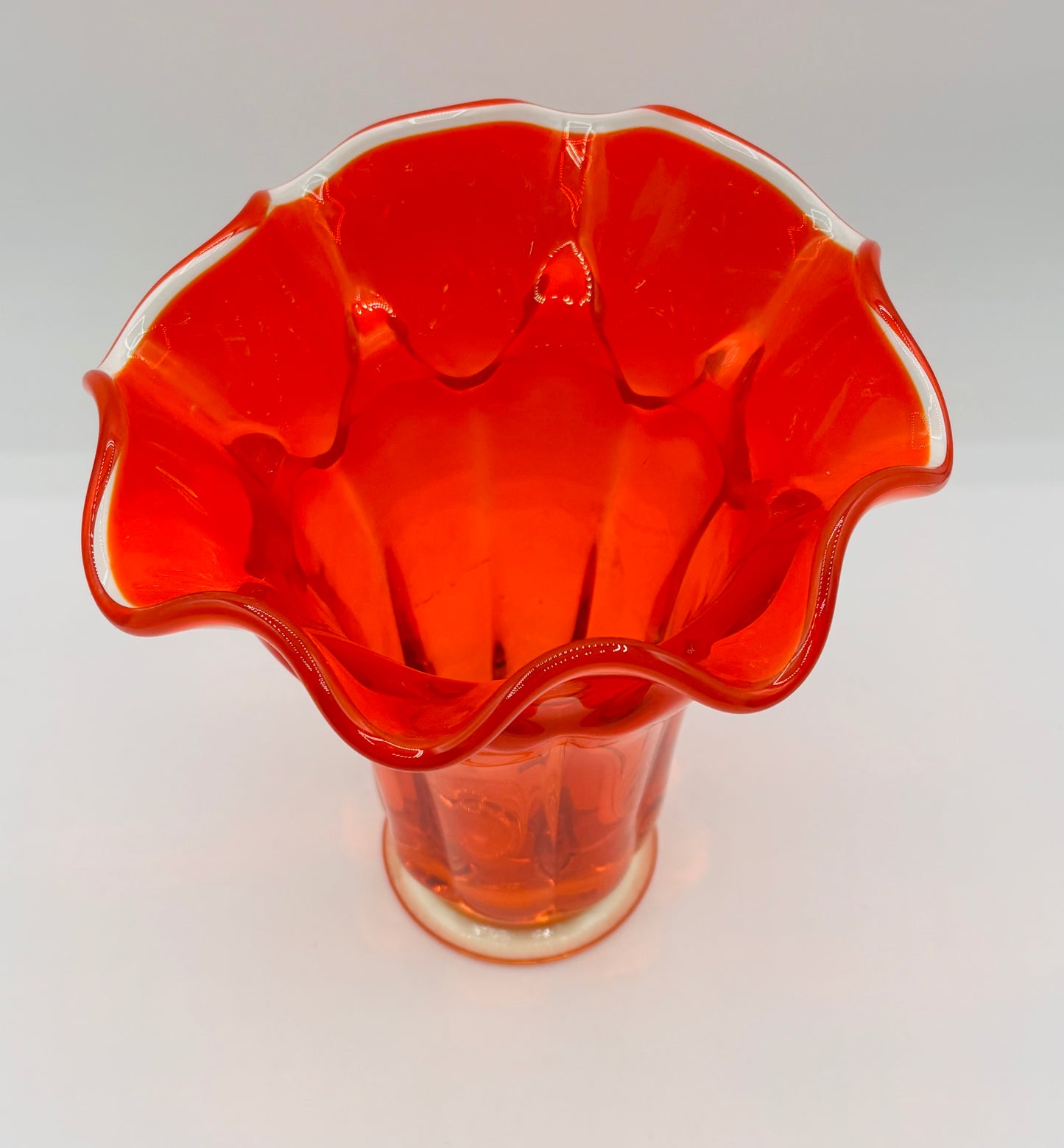 Vintage 1966 Mid Century Modern Viking Swung Art Glass Persimmon Orange Ruffled Rim Vase