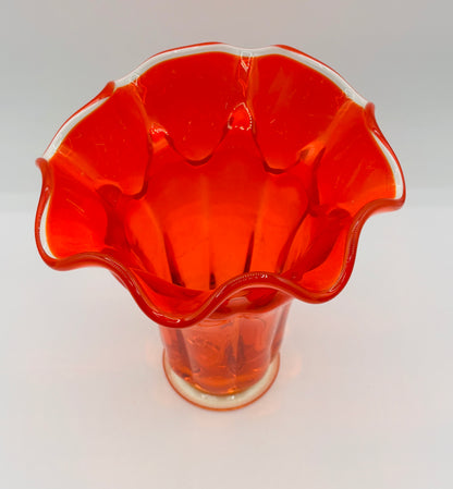 Vintage 1966 Mid Century Modern Viking Swung Art Glass Persimmon Orange Ruffled Rim Vase