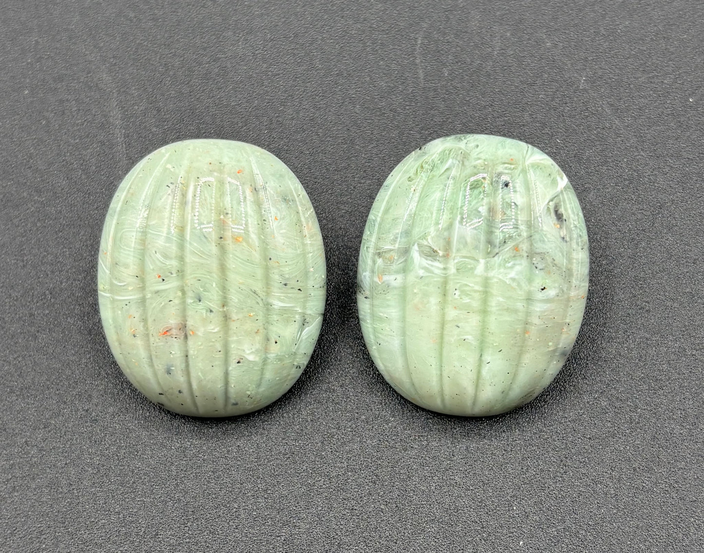 Vintage Molded Plastic Resin Green Melon Jade-Like Bead Earrings
