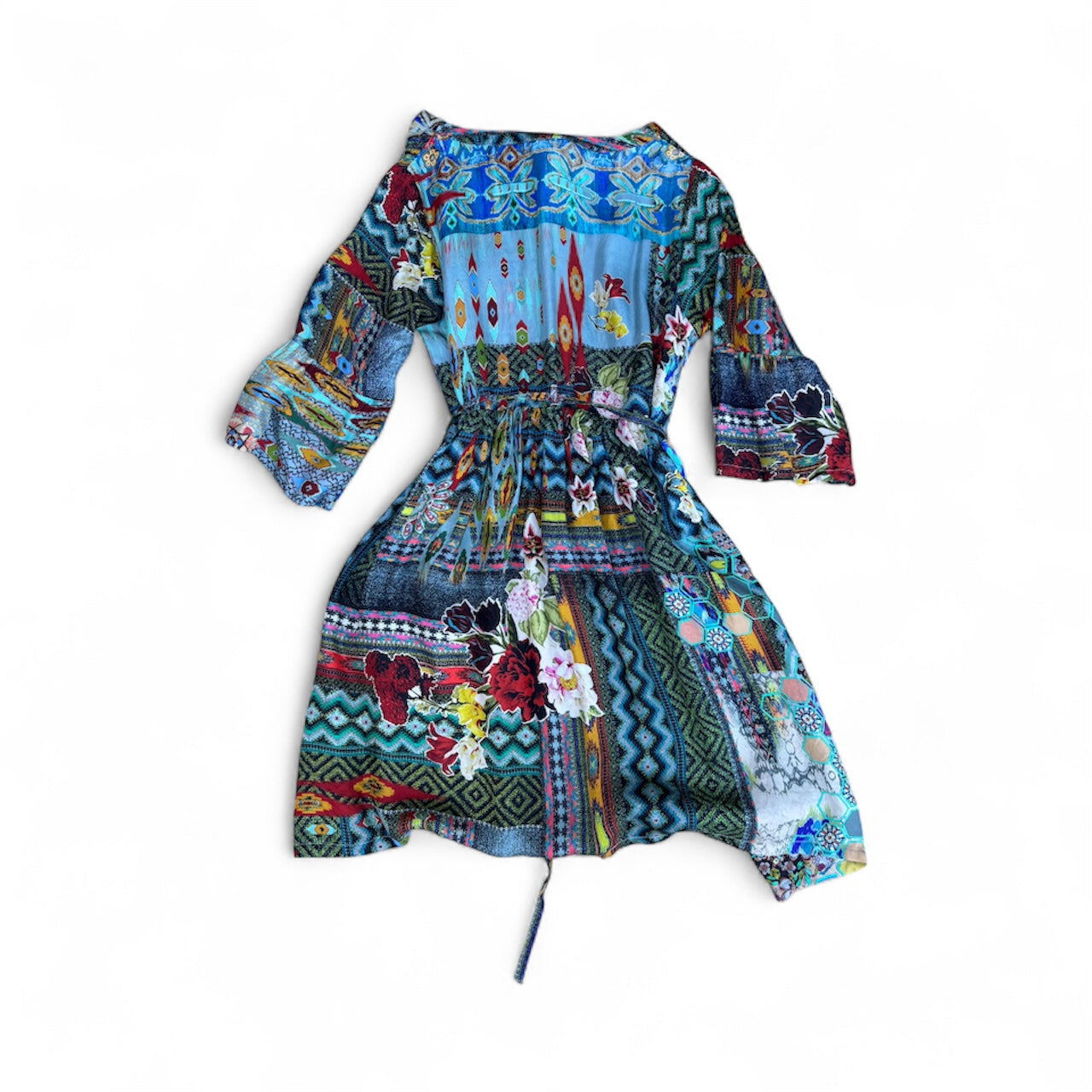 JOHNNY WAS Regia Silk Patchwork Boho Print Split V-Neck Midi Dress 