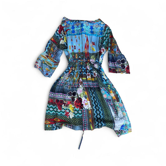 JOHNNY WAS Regia Silk Patchwork Boho Print Split V-Neck Midi Dress 