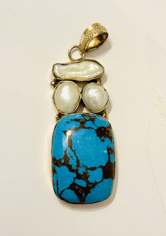Handcrafted Turquoise & Pearl Accents Sterling Silver Pendant 