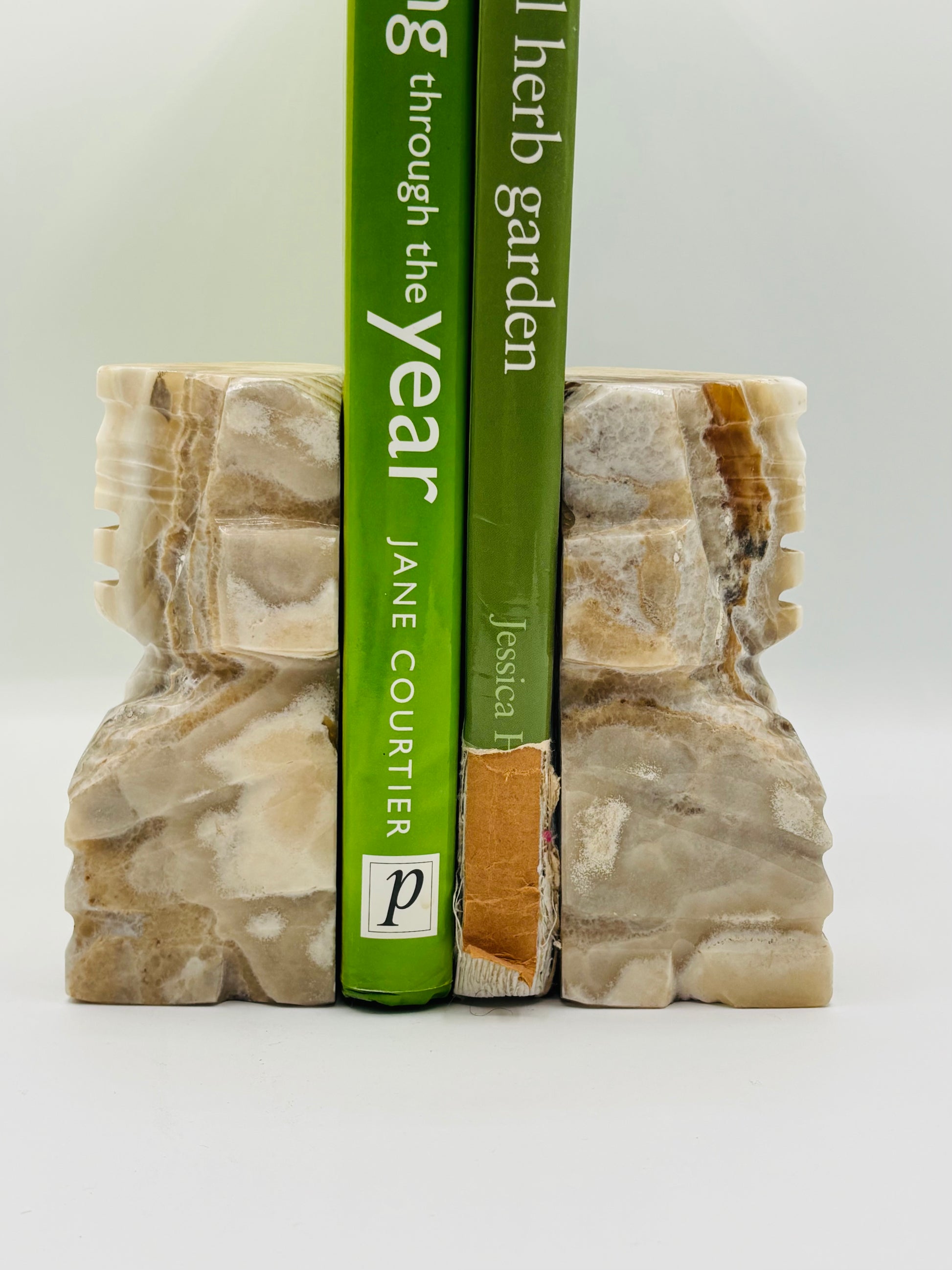Vintage Aztec Inspired Carved Onyx Marble Bookends 