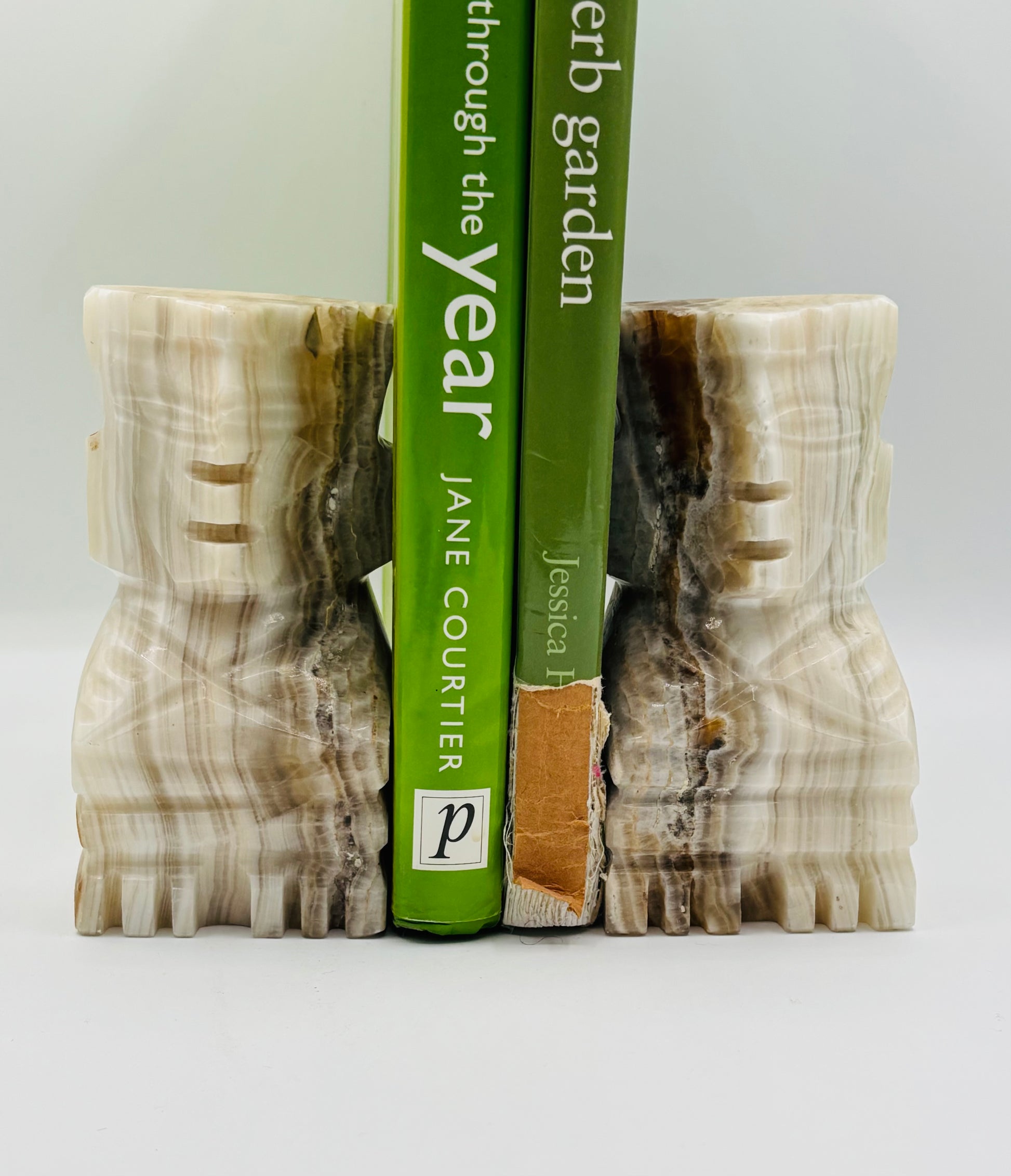 Vintage Aztec Inspired Carved Onyx Marble Bookends 