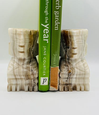 Vintage Aztec Inspired Carved Onyx Marble Bookends 