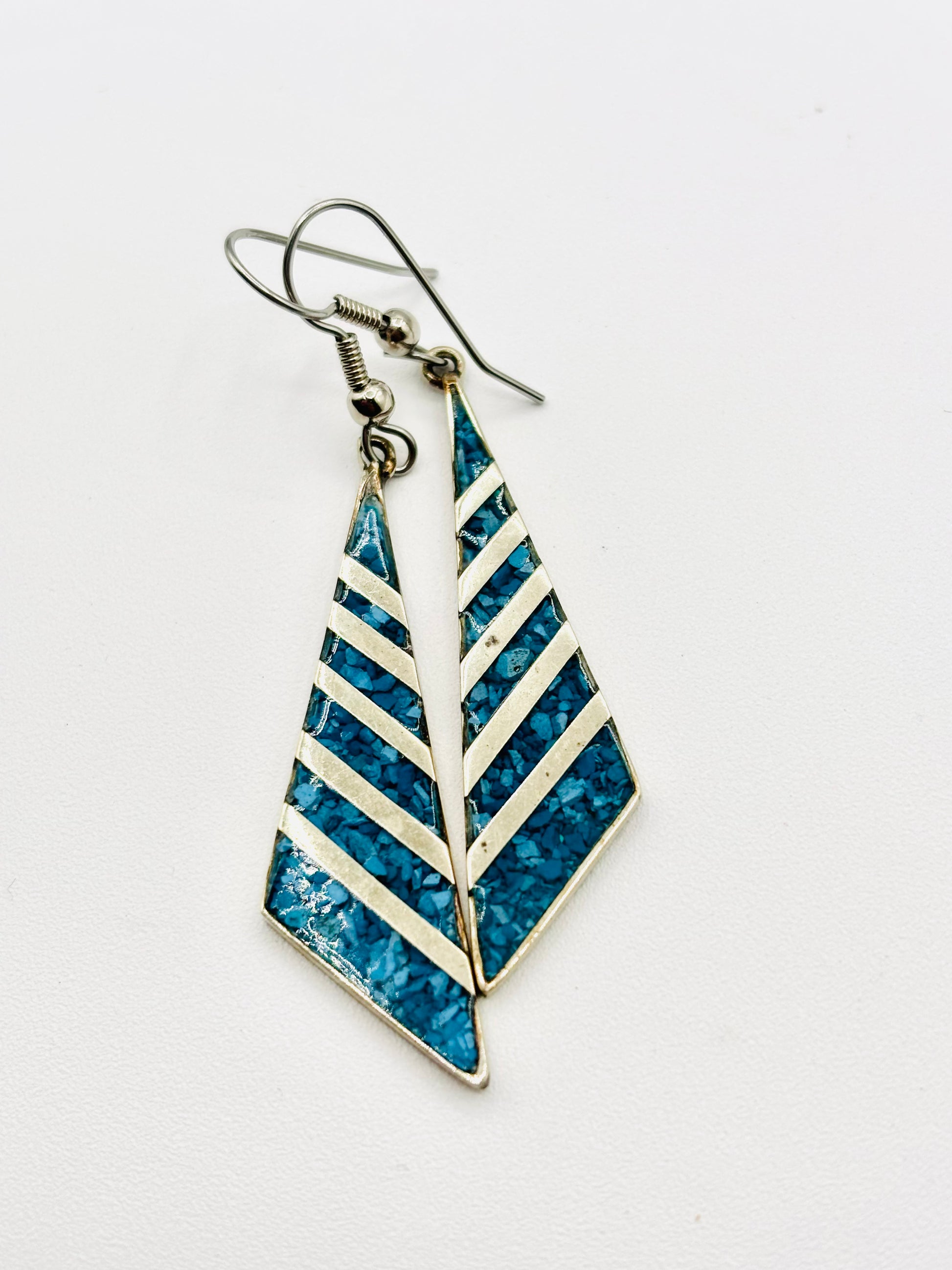 Vintage Mexican Alpaca Silver Turquoise Dangle Earrings 