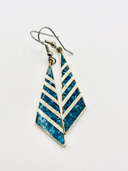 Vintage Mexican Alpaca Silver Turquoise Dangle Earrings 