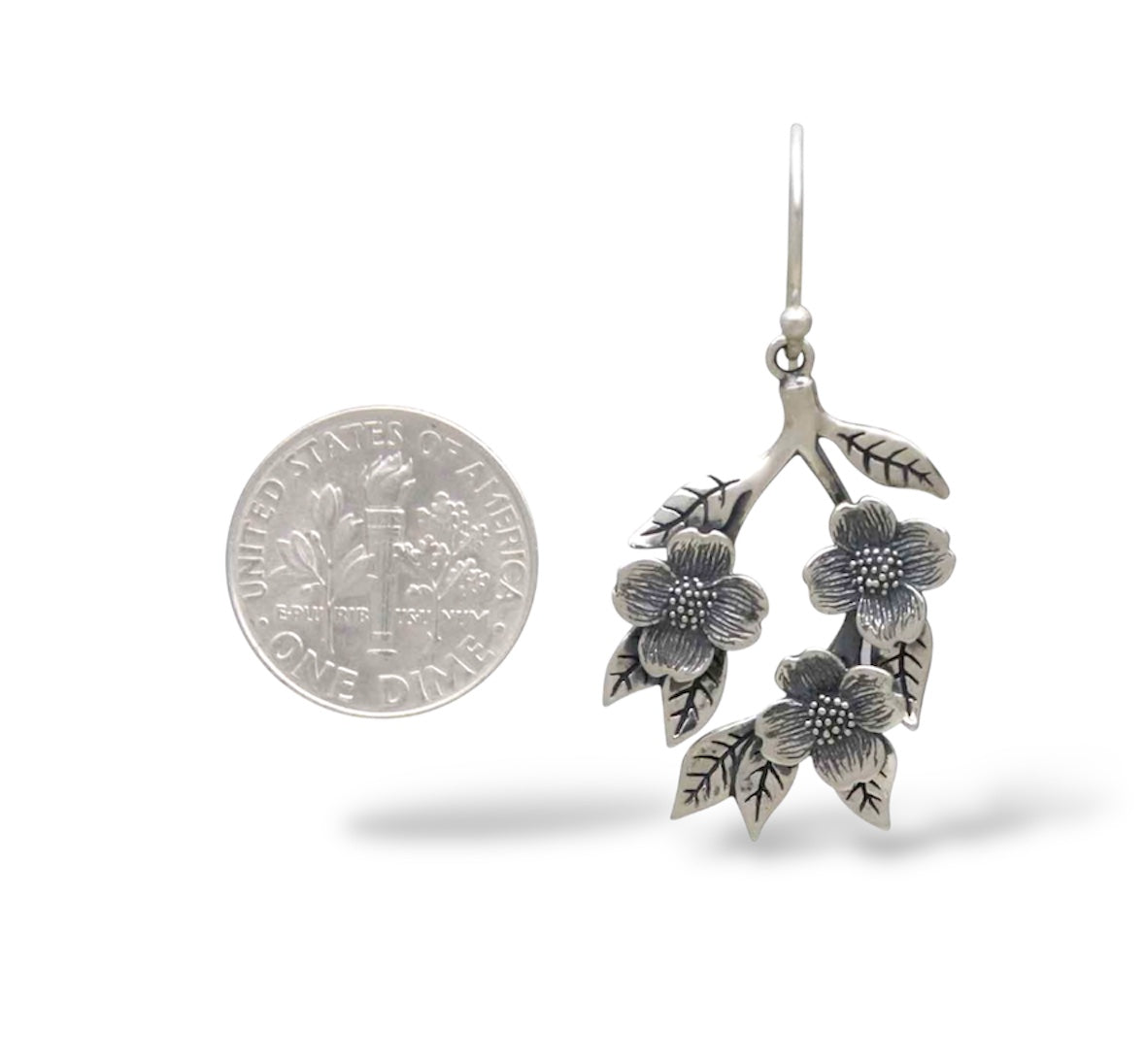 Dogwood Flowers Sterling Silver Dangle Earrings 