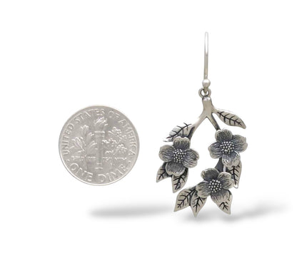 Dogwood Flowers Sterling Silver Dangle Earrings 