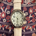 Vintage Denacci Chronograph Quartz Watch Thick White Strap—Large Oversized Easy Reader Silver-Tone Oval Dial 
