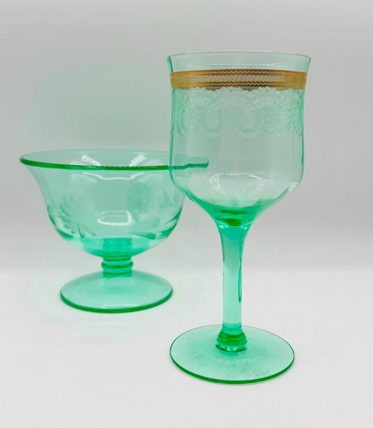 Vintage Etched Uranium Green Wine and Glass Bowl 