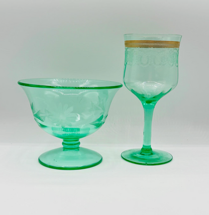 Vintage Etched Uranium Green Wine and Glass Bowl 
