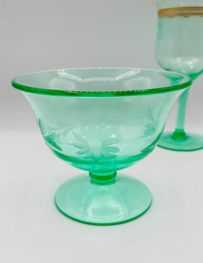 Vintage Etched Uranium Green Wine and Glass Bowl 