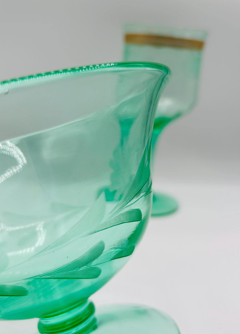 Vintage Etched Uranium Green Wine and Glass Bowl 