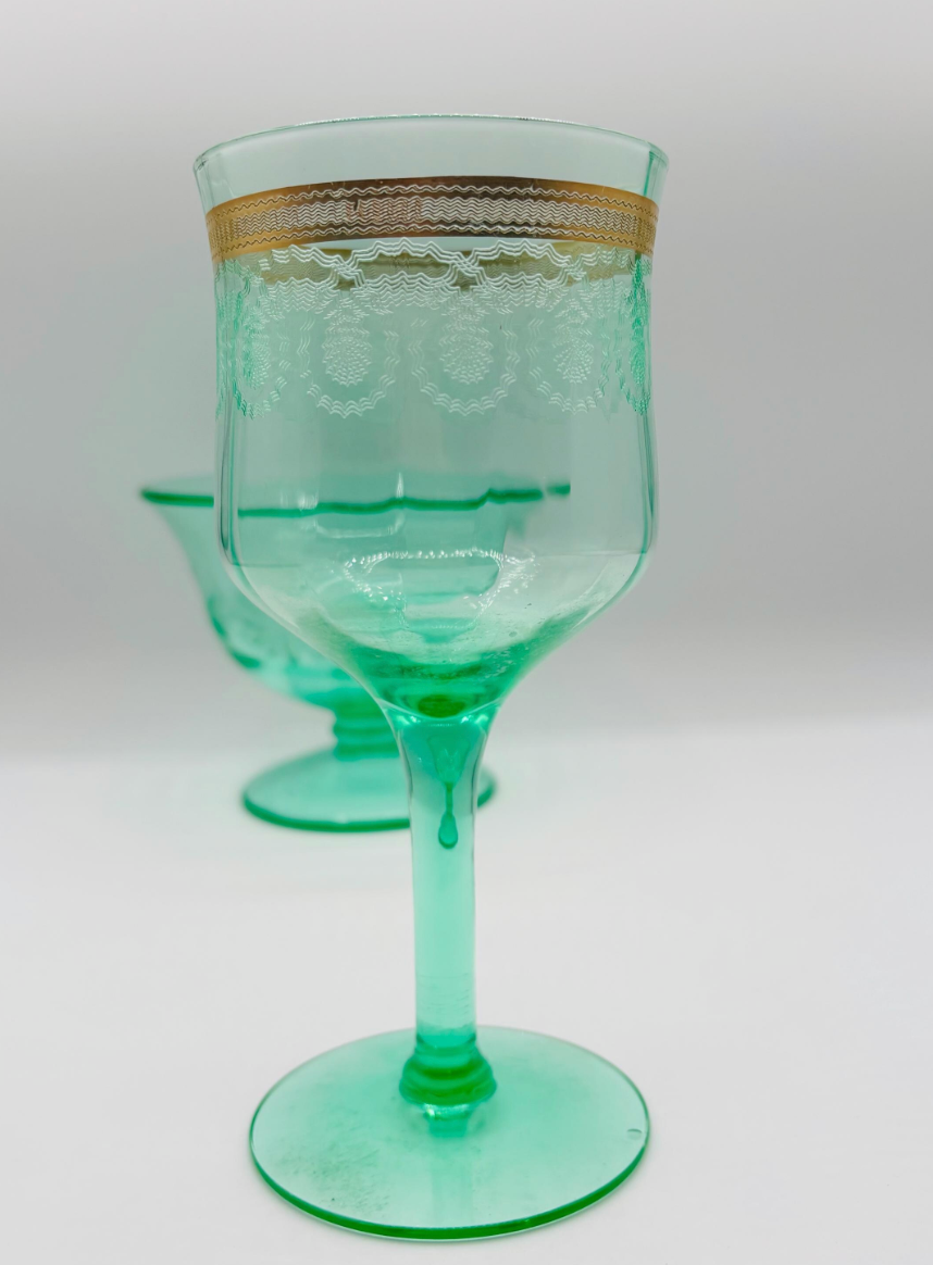 Vintage Etched Uranium Green Wine and Glass Bowl 