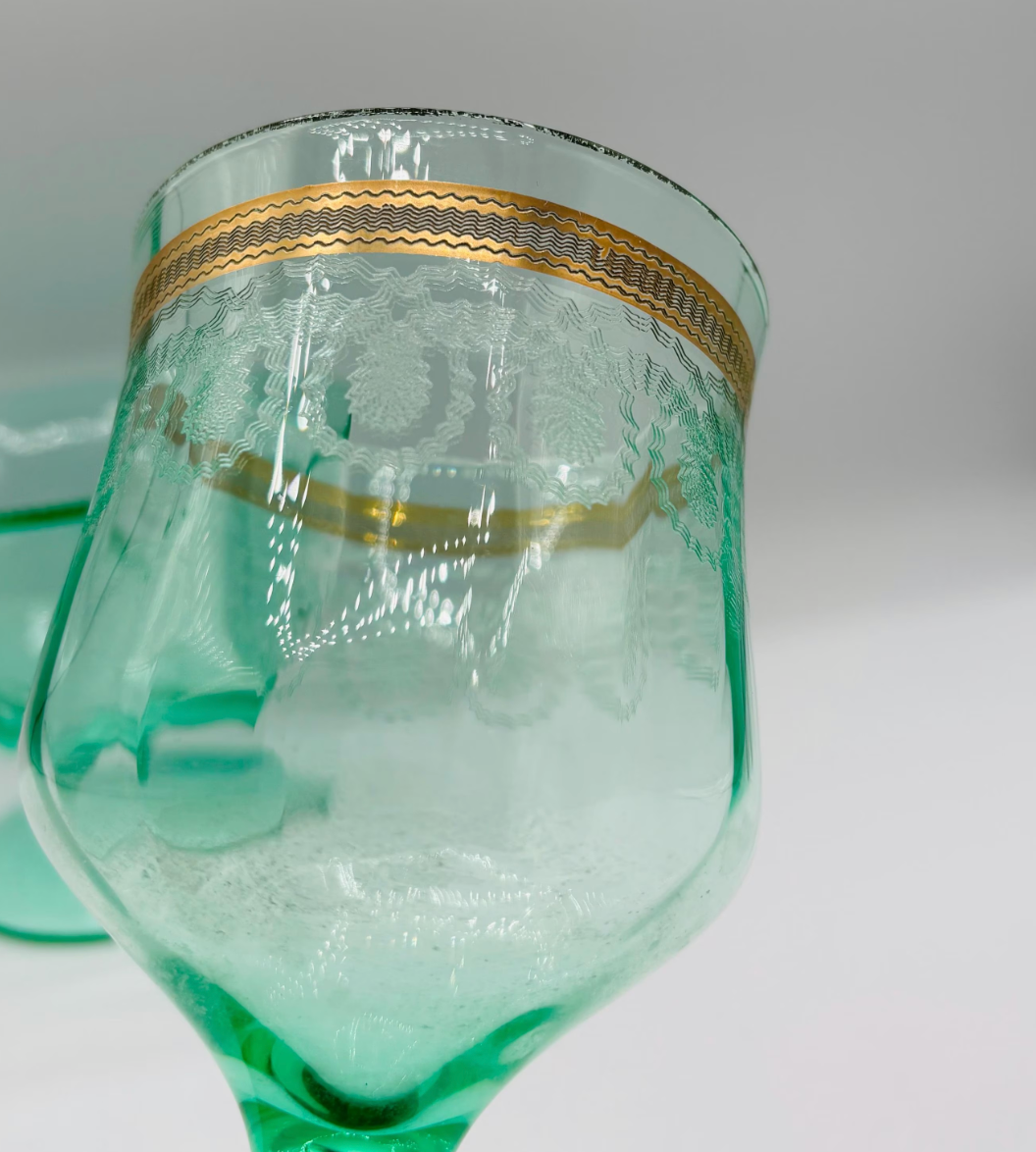 Vintage Etched Uranium Green Wine and Glass Bowl 