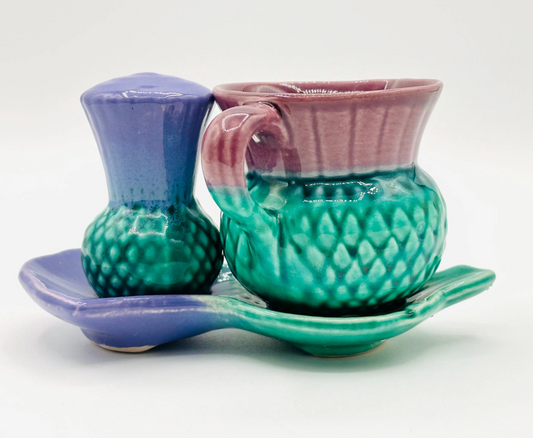 Vintage Govancroft Scottish Highland Ware: Thistle Creamer, Salt, and Plate Set 