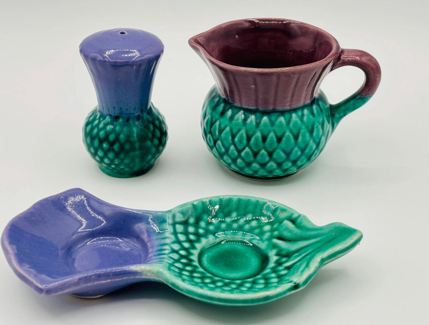 Vintage Govancroft Scottish Highland Ware: Thistle Creamer, Salt, and Plate Set 