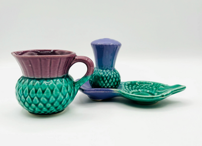 Vintage Govancroft Scottish Highland Ware: Thistle Creamer, Salt, and Plate Set 