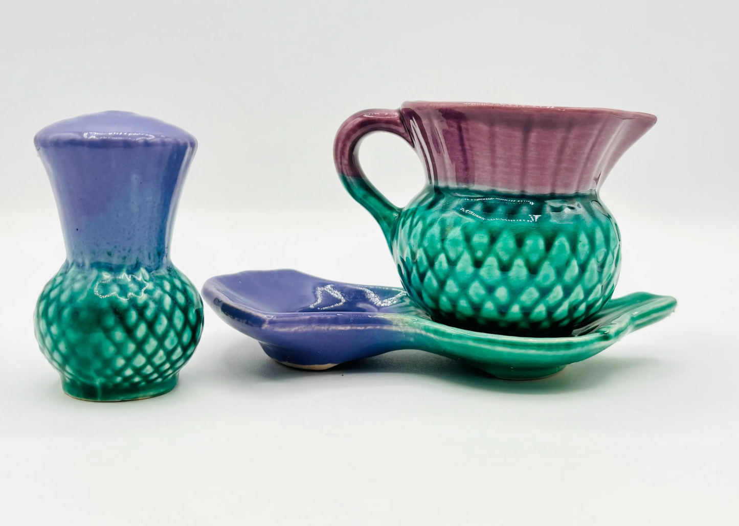 Vintage Govancroft Scottish Highland Ware: Thistle Creamer, Salt, and Plate Set 