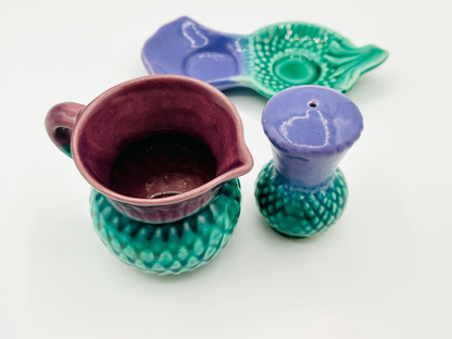 Vintage Govancroft Scottish Highland Ware: Thistle Creamer, Salt, and Plate Set 