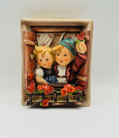 Vintage Goebel Hummel Hanging Wall Figurine - Boy and Girl Waving from Windowsill 