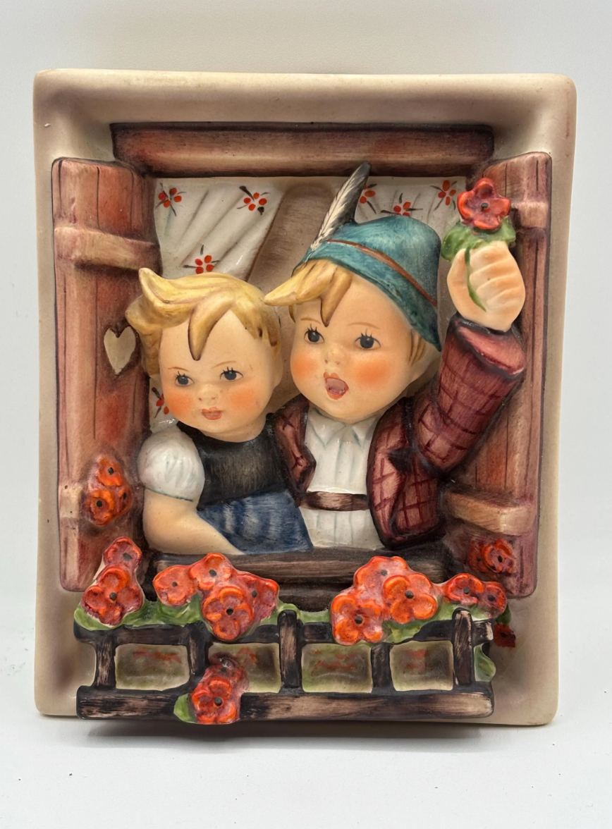 Vintage Goebel Hummel Hanging Wall Figurine - Boy and Girl Waving from Windowsill 